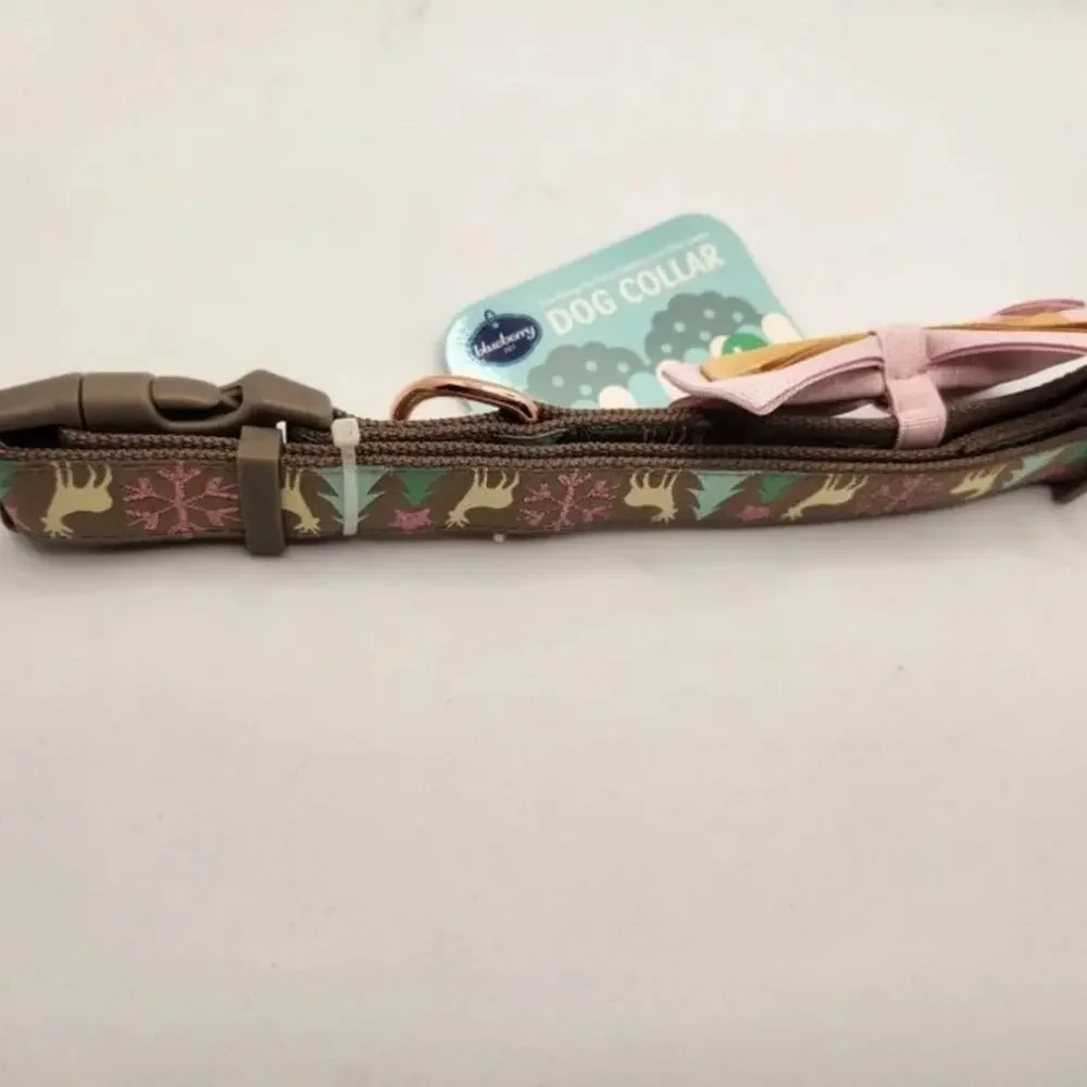 Blueberry Dog Collar with bow tie pink deer size Large NWT